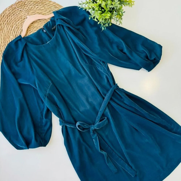 Ann Taylor Velvet Belted Shift Dress Dark Teal Blue Size 4P - Picture 15 of 15